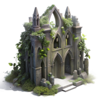 beautiful artistic A crumbling gothic cathedral overgrown with vines, volumetric lighting from a hidden moon, ethereal, painterly style, authentic png