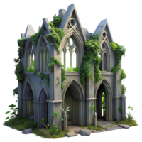 wonderful vintage A crumbling gothic cathedral overgrown with vines, volumetric lighting from a hidden moon, ethereal, painterly style, authentic png
