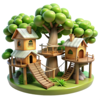 magnificent rustic A whimsical treehouse village connected by rope bridges, dappled sunlight filtering through leaves, fairytale, whimsical style, high quality png