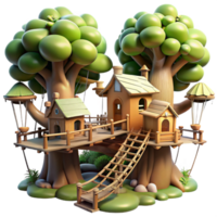 wonderful creative A whimsical treehouse village connected by rope bridges, dappled sunlight filtering through leaves, fairytale, whimsical style, detailed png