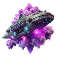 stunning traditional A colossal, bio mechanical spaceship, adorned with intricate glowing circuitry, drifts through a nebula of swirling purple and pink gases. Dramatic, volumetric lighting.... png