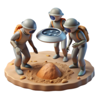 wonderful minimalist A group of explorers discovers an ancient alien artifact buried in the sand of a desolate planet. Harsh, midday lighting. Art style Photorealistic high resolution png