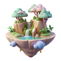 elegant modern A whimsical, floating island, complete with waterfalls and lush vegetation, drifts through a pastel colored sky. Soft, diffuse lighting. Art style Dreamlike premium png