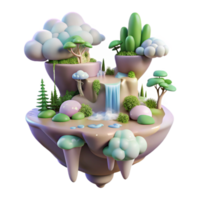 dramatic artistic A whimsical, floating island, complete with waterfalls and lush vegetation, drifts through a pastel colored sky. Soft, diffuse lighting. Art style Dreamlike high resolution png