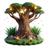 extraordinary modern An ancient, gnarled tree with glowing runes carved into its bark, surrounded by fireflies, night scene, ethereal lighting high quality png