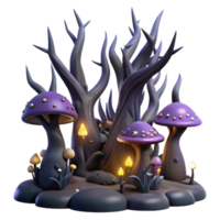 serene contemporary A haunted forest filled with twisted trees and glowing mushrooms, dark and moody lighting, gothic style 4K png