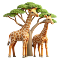 beautiful rustic A pair of giraffes reaching for leaves in a tall acacia tree, warm sunlight, stylized design, long necks and patterned coats high resolution png