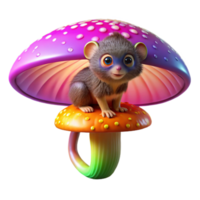 dramatic rustic A tiny pygmy marmoset perched on a giant, iridescent mushroom, vibrant colours, bokeh lighting high quality png