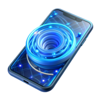 impressive minimalist A cracked smartphone screen displaying a swirling vortex of binary code, illuminated from within by a cool, electric blue light detailed png