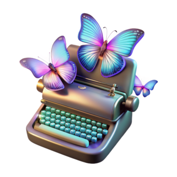 lugn rustik ett antik skrivmaskin alstrande holografiska fjärilar, varje vinge visning en annorlunda linje av koda, belyst förbi mjuk, brokig solljus hög upplösning png