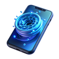 elegant creative A cracked smartphone screen displaying a swirling vortex of binary code, illuminated from within by a cool, electric blue light premium png