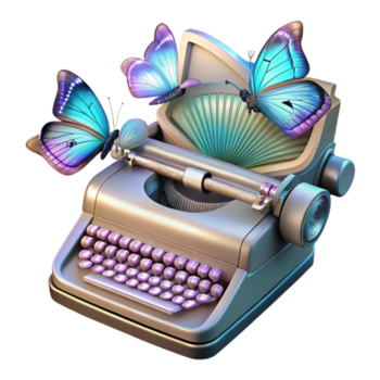 underbar rustik ett antik skrivmaskin alstrande holografiska fjärilar, varje vinge visning en annorlunda linje av koda, belyst förbi mjuk, brokig solljus äkta png