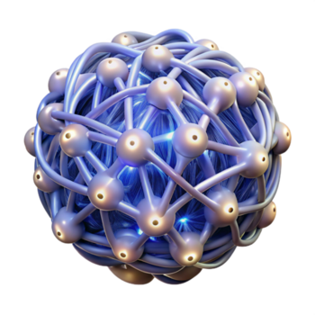 beautiful modern A complex network of glowing fiber optic cables intricately woven together, forming a pulsating brain-like structure, lit from within high quality png