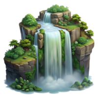 stunning traditional A majestic waterfall cascading down a cliff face, surrounded by lush greenery, mist rising from the base, romantic painting style, soft lighting authentic png