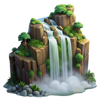 magnífico criativo uma majestoso cascata em cascata baixa uma penhasco face, cercado de exuberante vegetação, névoa Aumentar a partir de a base, romântico pintura estilo, suave iluminação 4k png