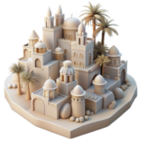 wonderful rustic A desert oasis city, whitewashed buildings, intricate carvings, palm trees, bright sunlight, Middle Eastern inspired, authentic png