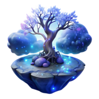 wonderful creative A solitary, bioluminescent tree, its branches reaching towards a swirling galaxy, stands on a floating island in a sea of clouds. Dreamlike atmosphere. Soft, glowing lighting.... png