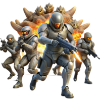 magnificent traditional A group of futuristic soldiers, equipped with energy weapons, charge towards a colossal, alien creature amidst a ruined cityscape. Dynamic poses and explosions.... png