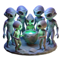 impressive classic A group of aliens, with diverse and unusual features, gather around a glowing artifact in a dark, cavernous space. Detailed alien anatomy. Mysterious, dim lighting.... png