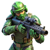 extraordinary contemporary A futuristic soldier, wearing a camouflage suit that blends with the surrounding environment, aims a high-tech rifle. Realistic camouflage patterns.... png