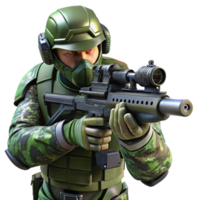 vibrant rustic A futuristic soldier, wearing a camouflage suit that blends with the surrounding environment, aims a high-tech rifle. Realistic camouflage patterns. Dim, tactical lighting.... png