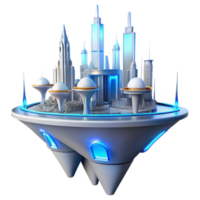 beautiful artistic A futuristic floating city, sleek white and silver structures connected by glowing blue bridges, low angle view, neon lights, cyberpunk style, genuine png