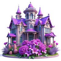 wonderful creative Victorian mansion overgrown with vibrant purple and pink flowers, soft diffuse lighting, whimsical, dreamlike, high quality png