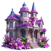 serene rustic Victorian mansion overgrown with vibrant purple and pink flowers, soft diffuse lighting, whimsical, dreamlike, high resolution png