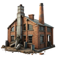 serene vintage An abandoned industrial factory, decaying brick and metal, dim light filtering through broken windows, gritty realism, original png