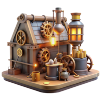 extraordinary abstract A cluttered steampunk workshop, overflowing with gears, tools, and half-finished contraptions, lit by flickering gaslight, realistic style high resolution png