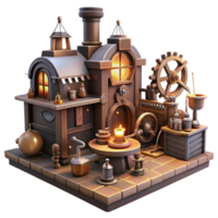 serene abstract A cluttered steampunk workshop, overflowing with gears, tools, and half-finished contraptions, lit by flickering gaslight, realistic style high resolution png