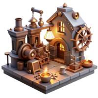 elegant creative A cluttered steampunk workshop, overflowing with gears, tools, and half-finished contraptions, lit by flickering gaslight, realistic style authentic png