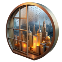 impressive traditional A steampunk cityscape viewed through a rain-streaked window, warm interior lighting reflecting on the glass, impressionistic style high resolution png