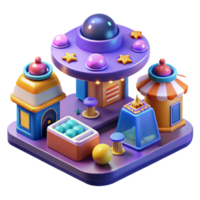 wonderful contemporary A bustling marketplace on a space station filled with alien vendors and holographic advertisements, vibrant and colorful, isometric view, pixel art, high resolution png