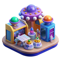 extraordinary creative A bustling marketplace on a space station filled with alien vendors and holographic advertisements, vibrant and colorful, isometric view, pixel art, high resolution png