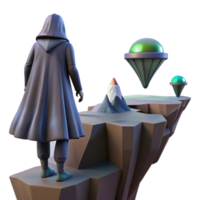beautiful artistic A lone figure in a hooded cloak standing on the edge of a precipice overlooking a vast alien landscape, silhouette lighting, mysterious, fantasy art, 4K png