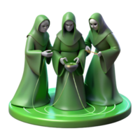 elegant vintage The Fates, three cloaked figures, spinning, measuring, and cutting the thread of life, bathed in an eerie green light. Detailed depiction of their aged faces and hands.... png