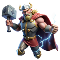 impressive contemporary Thor, the Norse god of thunder, wielding Mjolnir amidst a raging thunderstorm, lightning illuminating his muscular form. Dramatic, cinematic lighting.... png