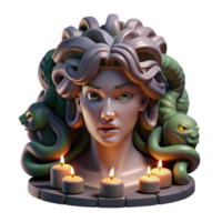 serene abstract Medusa, with snakes for hair, her gaze turning a warrior to stone, in a dark, cavernous setting, lit by flickering torchlight. Baroque style genuine png