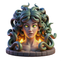 impressive rustic Medusa, with snakes for hair, her gaze turning a warrior to stone, in a dark, cavernous setting, lit by flickering torchlight. Baroque style authentic png