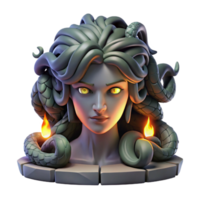 beautiful minimalist Medusa, with snakes for hair, her gaze turning a warrior to stone, in a dark, cavernous setting, lit by flickering torchlight. Baroque style high resolution png