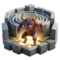 magnificent contemporary A powerful minotaur trapped in the labyrinth, illuminated by shafts of light piercing through cracks in the ceiling. Gritty, realistic style authentic png