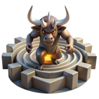 serene modern A powerful minotaur trapped in the labyrinth, illuminated by shafts of light piercing through cracks in the ceiling. Gritty, realistic style 4K png