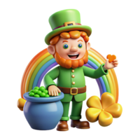 serene vintage A whimsical depiction of a mischievous leprechaun guarding his pot of gold at the end of a rainbow, surrounded by four-leaf clovers. Cartoon style high quality png