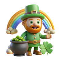 elegant abstract A whimsical depiction of a mischievous leprechaun guarding his pot of gold at the end of a rainbow, surrounded by four-leaf clovers. Cartoon style genuine png