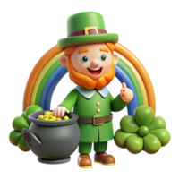 stunning minimalist A whimsical depiction of a mischievous leprechaun guarding his pot of gold at the end of a rainbow, surrounded by four-leaf clovers. Cartoon style high resolution png