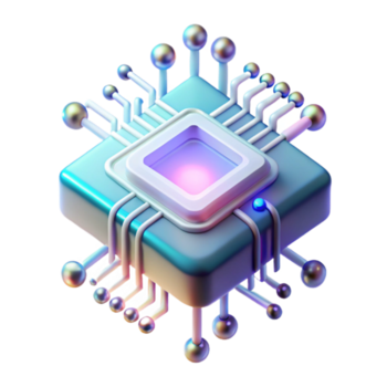 levendig minimalistische een enkel, holografische microchip, weergeven ingewikkeld circuits en binair code, drijft in de lucht, verlichte door dynamisch, verschuiven rgb verlichting. abstract stijl, detailopname premie png