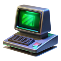 elegant abstract A vintage computer terminal, displaying green text on a black screen, sits on a sleek, metallic desk, illuminated by the cool, blue light of the monitor.... png