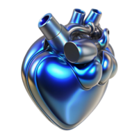 beautiful modern A biomechanical heart, made of polished chrome and pulsating with blue energy, floats in mid-air, illuminated by a dramatic, chiaroscuro lighting.... png