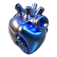 elegant modern A biomechanical heart, made of polished chrome and pulsating with blue energy, floats in mid-air, illuminated by a dramatic, chiaroscuro lighting.... png